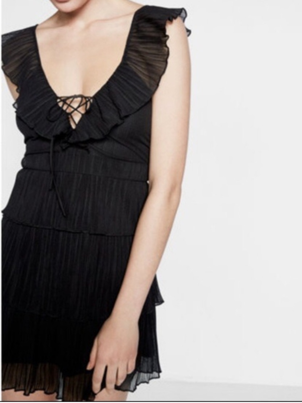 Express Tiered Ruffle Black V-Neck Mini Dress